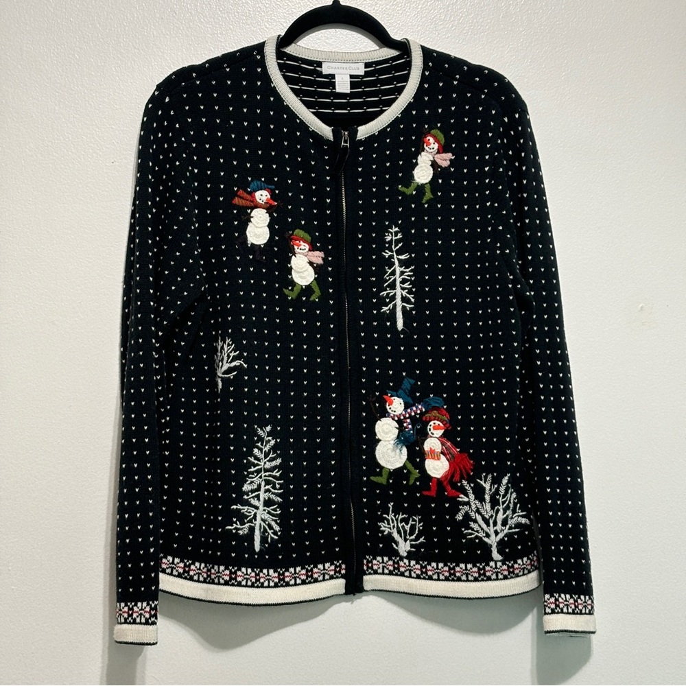Charter Club Snowman Christmas Sweater Sz Large Black Embroidery